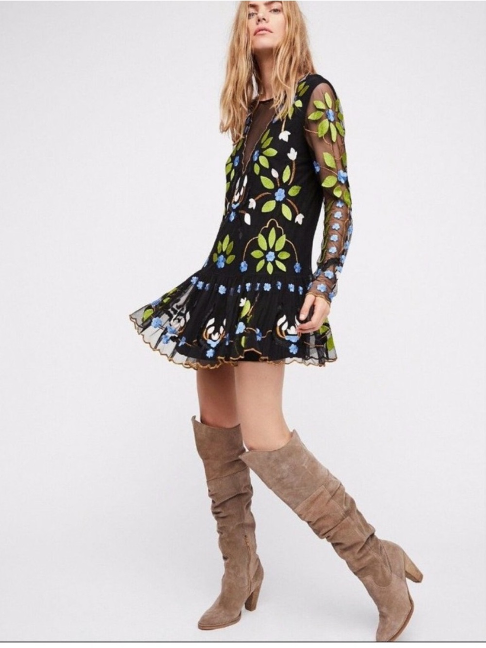 Free People Black Floral Embroidered Long-Sleeve Mini Dress Hearts are Wild Dres